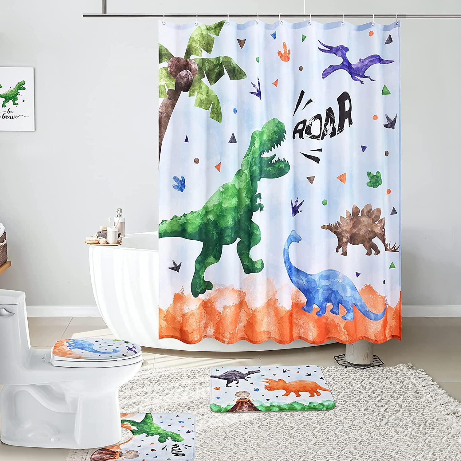 Unique And Stylish Dinosaur Shower Curtain For The Bathroom With A Vintage And Distressed Design