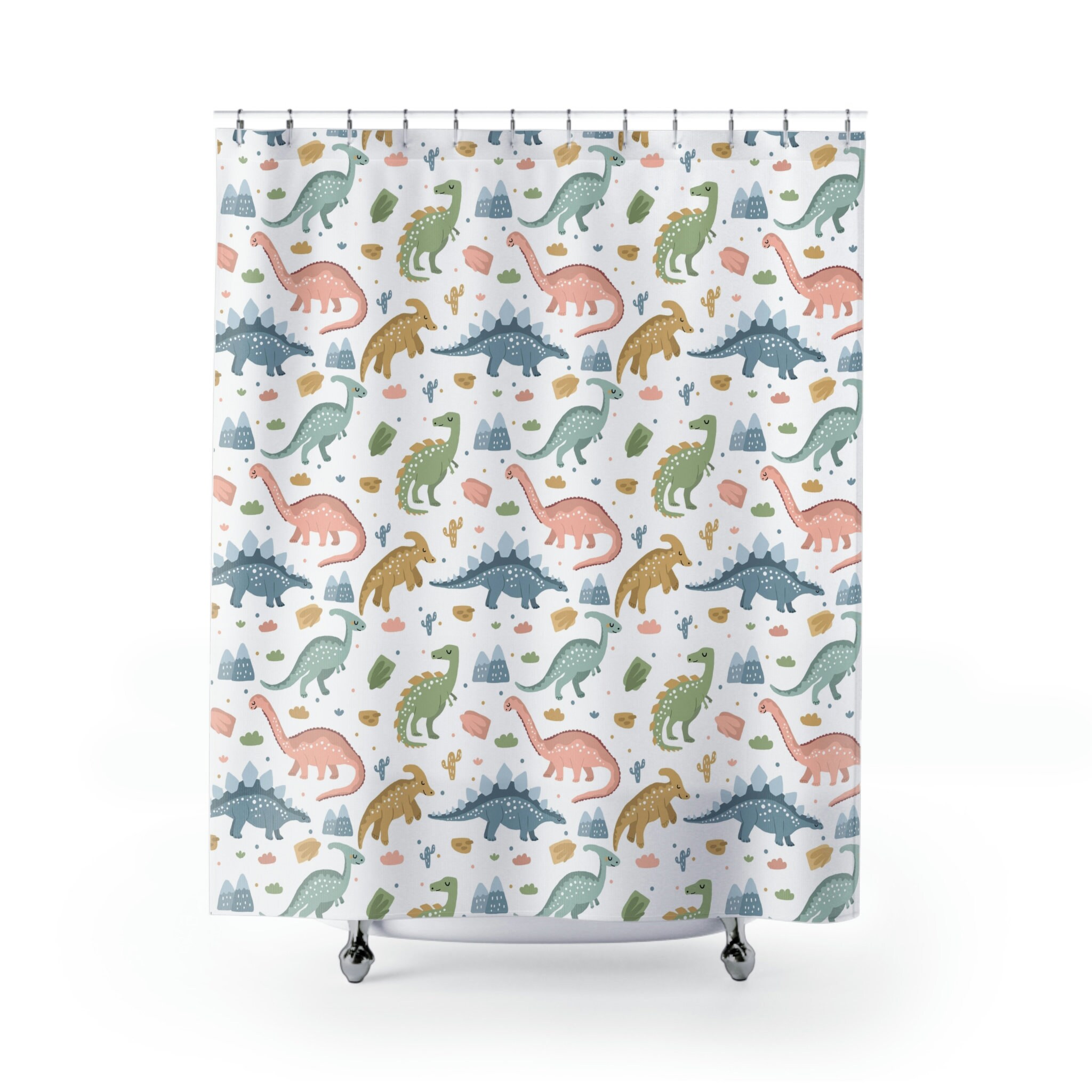 Unique And Stylish Print Shower Curtain With Adorable Dinosaur Design For A Playful Bathroom Decor
