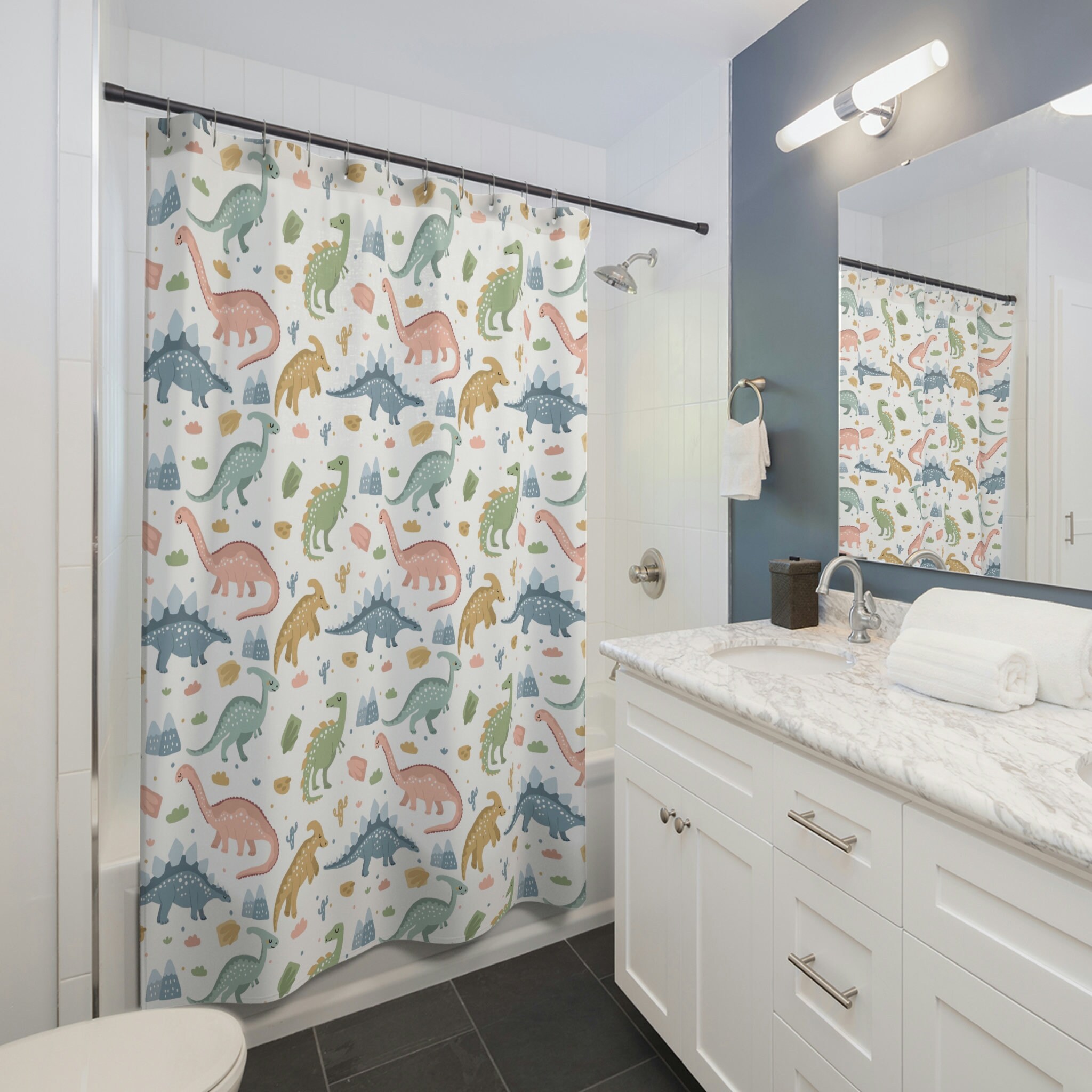 Unique And Stylish Print Shower Curtain With Adorable Dinosaur Design For A Playful Bathroom Decor - Image 2