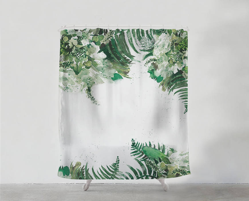 Unique Art-Inspired Green Leaf Print Shower Curtain for a Creatively Designed Bathroom