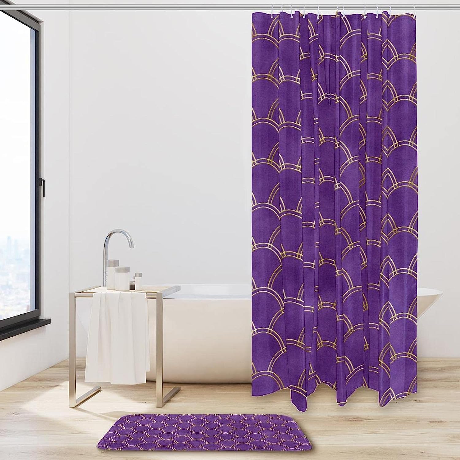 Unique Bathroom Dcor with Purple Mermaid Scales Print Curtain