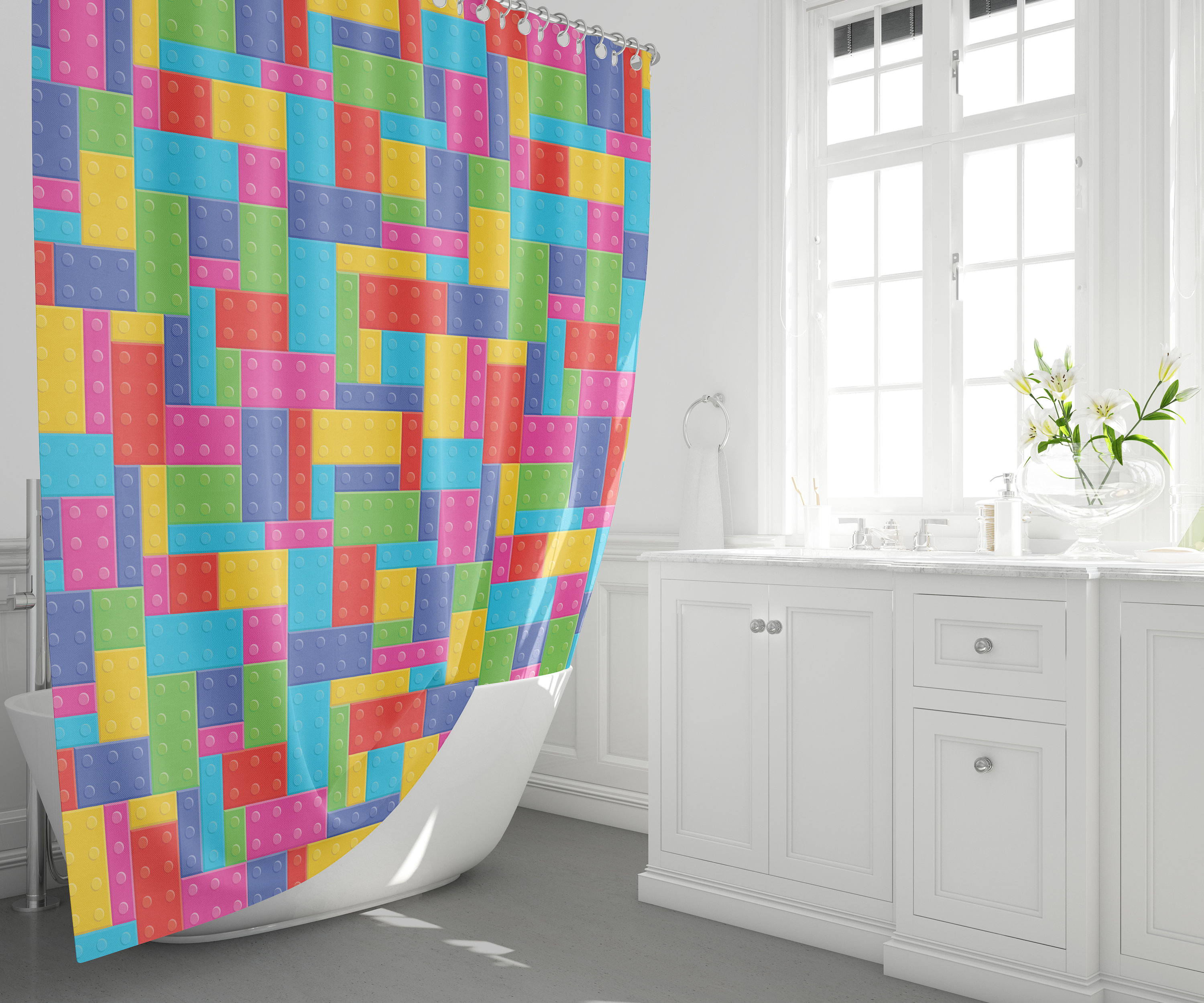 Unique Bausteine Kinder Duschvorhang Shower Curtain For Kids Bathroom With Colorful Building Blocks Design