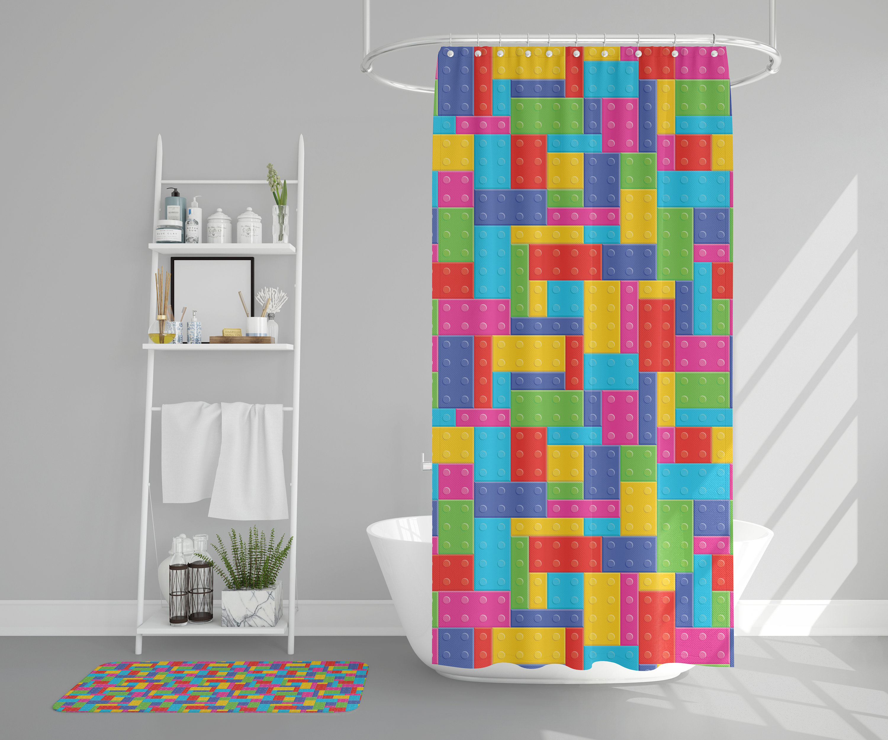 Unique Bausteine Kinder Duschvorhang Shower Curtain For Kids Bathroom With Colorful Building Blocks Design - Image 3