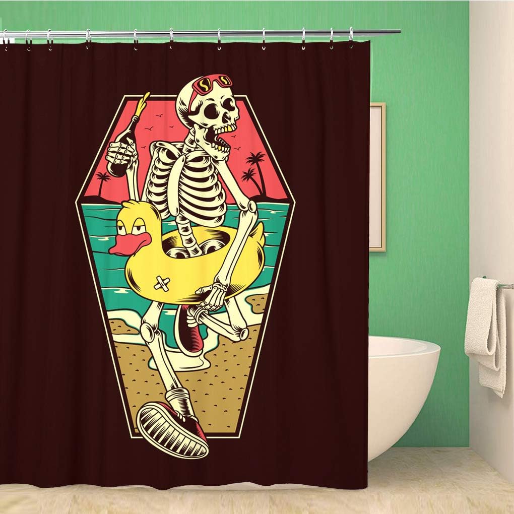 Unique Beach Themed Skull Shower Curtain with Dark Background - Waterproof Fabric Bathroom Decor