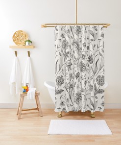 Unique Beige Toile Floral Shower Curtain with French Country Farmhouse Chinoiserie Flowers Garden Pattern