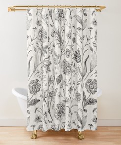 Unique Beige Toile Floral Shower Curtain with French Country Farmhouse Chinoiserie Flowers Garden Pattern