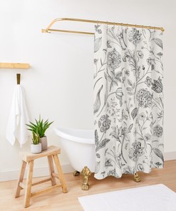 Unique Beige Toile Floral Shower Curtain with French Country Farmhouse Chinoiserie Flowers Garden Pattern