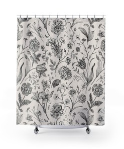 Unique Beige Toile Floral Shower Curtain with French Country Farmhouse Chinoiserie Flowers Garden Pattern