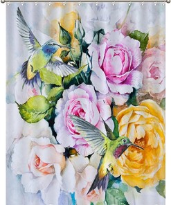 Unique Birds Lover Fabric Shower Curtain with Colorful Hummingbird and Flowers Print