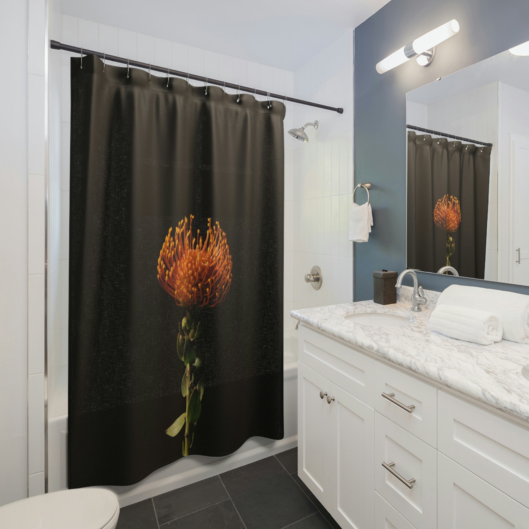Unique Black Botanical Floral Shower Curtain For Feminine Bathroom Art - Image 2