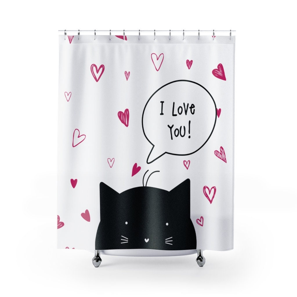 Unique Black Cat I Love You Shower Curtain For A Cat Lover'S Bathroom
