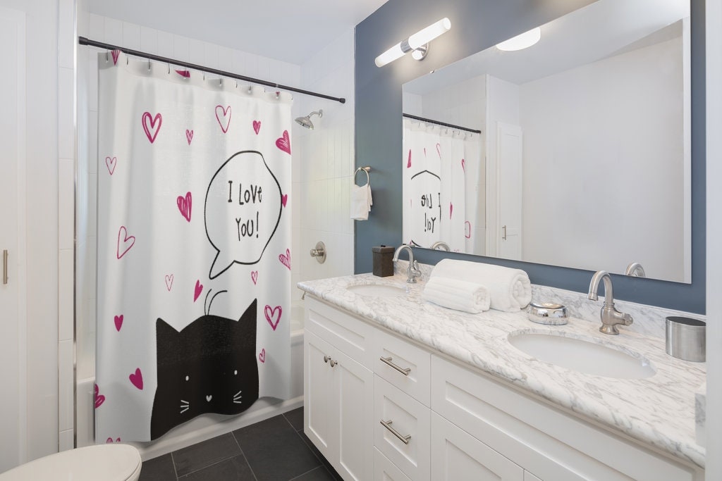 Unique Black Cat I Love You Shower Curtain For A Cat Lover'S Bathroom - Image 2