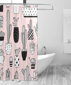 Unique Black and White Cactus Print Shower Curtain for Bathroom Decoration