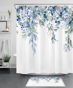 Unique Blue And Green Botanical Floral Shower Curtain For Bathroom Decoration