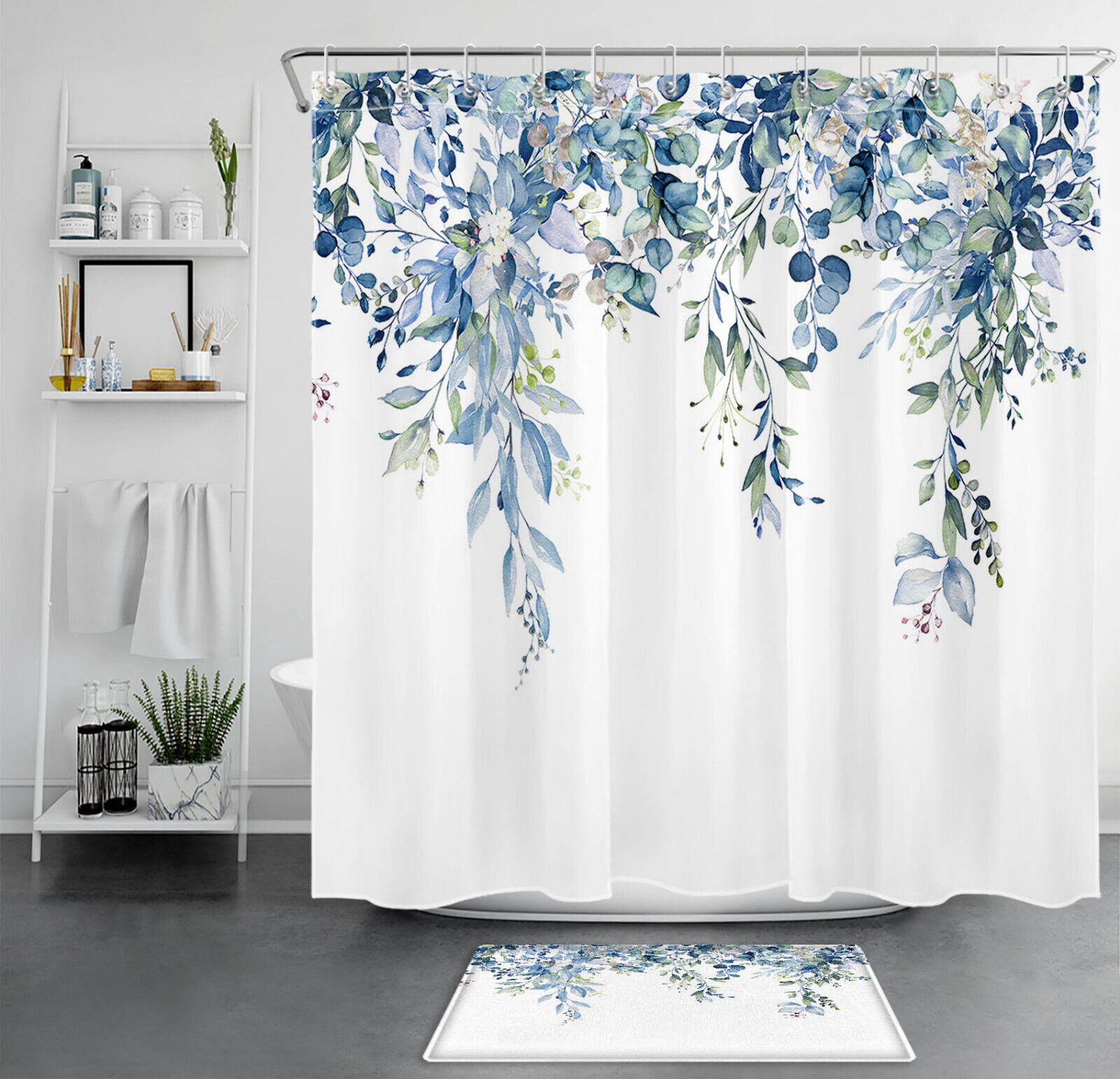 Unique Blue And Green Botanical Floral Shower Curtain For Bathroom Decoration