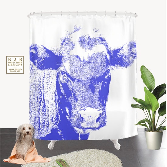 Unique Blue And White Cow Shower Curtain With Animal Print For Classic Bathroom Decor