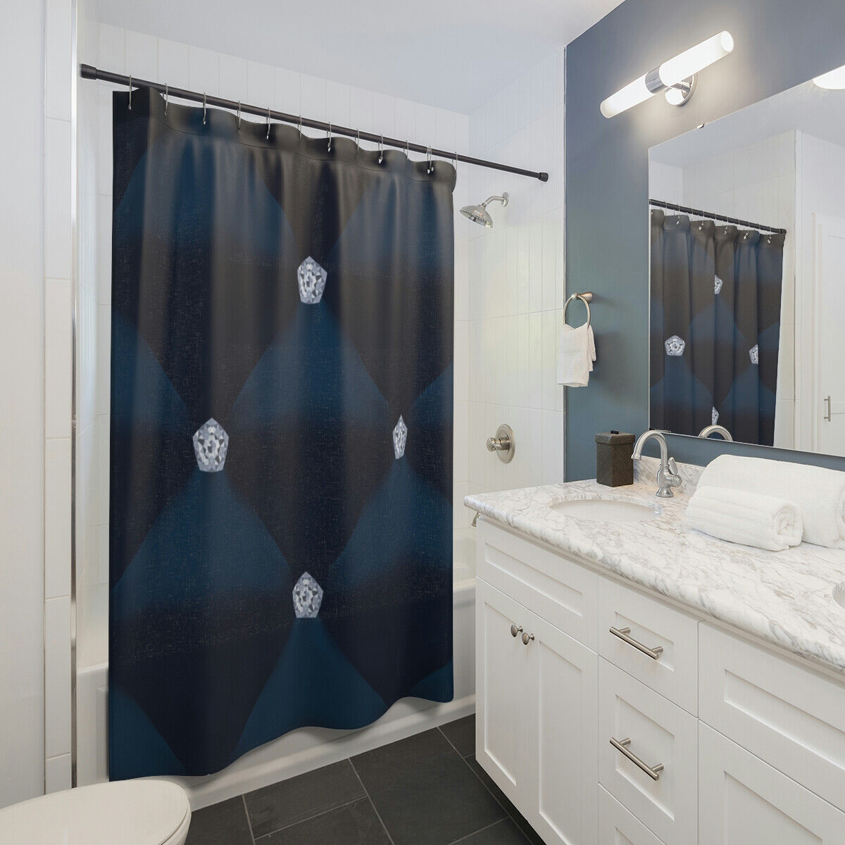 Unique Blue Bling Look Shower Curtain With Washable Material - Image 2