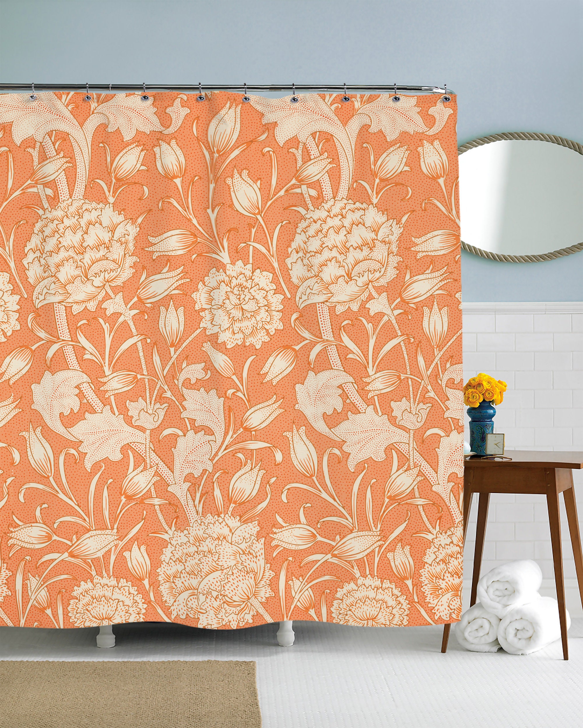 Unique Boho Chic Shower Curtain - Nature Art Floral Theme, Whimsical Art Print, Orange Flower Design