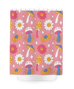 Unique Boho Shower Curtain Featuring Pink Mushroom And Daisy Prints For Hippie Decor