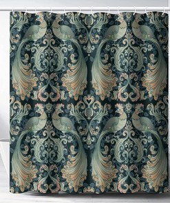 Unique Boho Shower Curtain, William Morris-Inspired Design Green Peacock, Heavyweight Fabric, Washable Bath Decor