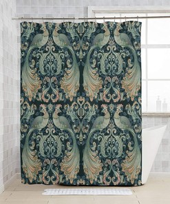 Unique Boho Shower Curtain, William Morris-Inspired Design Green Peacock, Heavyweight Fabric, Washable Bath Decor