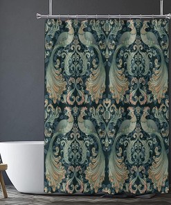 Unique Boho Shower Curtain, William Morris-Inspired Design Green Peacock, Heavyweight Fabric, Washable Bath Decor