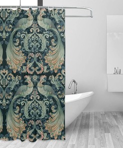 Unique Boho Shower Curtain, William Morris-Inspired Design Green Peacock, Heavyweight Fabric, Washable Bath Decor