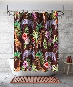 Unique Brown Multidimensional Zebra, Giraffe and Flowers Forest Printed Shower Curtain 