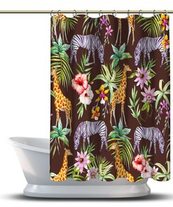 Unique Brown Multidimensional Zebra, Giraffe and Flowers Forest Printed Shower Curtain