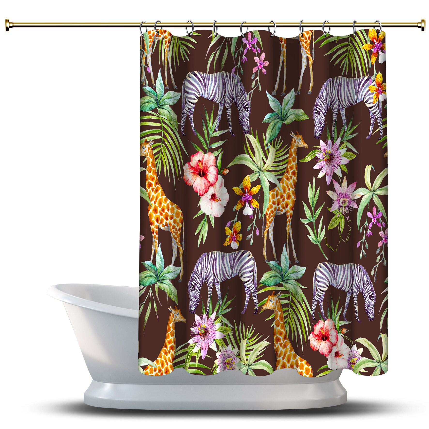 Unique Brown Multidimensional Zebra, Giraffe and Flowers Forest Printed Shower Curtain