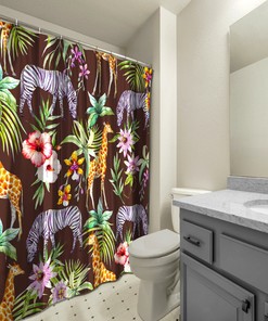 Unique Brown Multidimensional Zebra, Giraffe and Flowers Forest Printed Shower Curtain