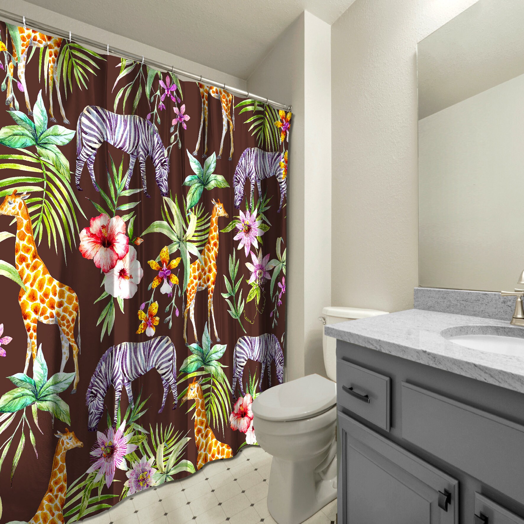 Unique Brown Multidimensional Zebra, Giraffe and Flowers Forest Printed Shower Curtain