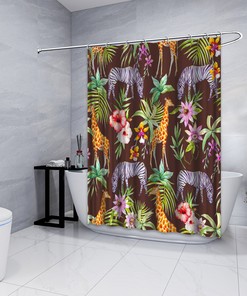 Unique Brown Multidimensional Zebra, Giraffe and Flowers Forest Printed Shower Curtain