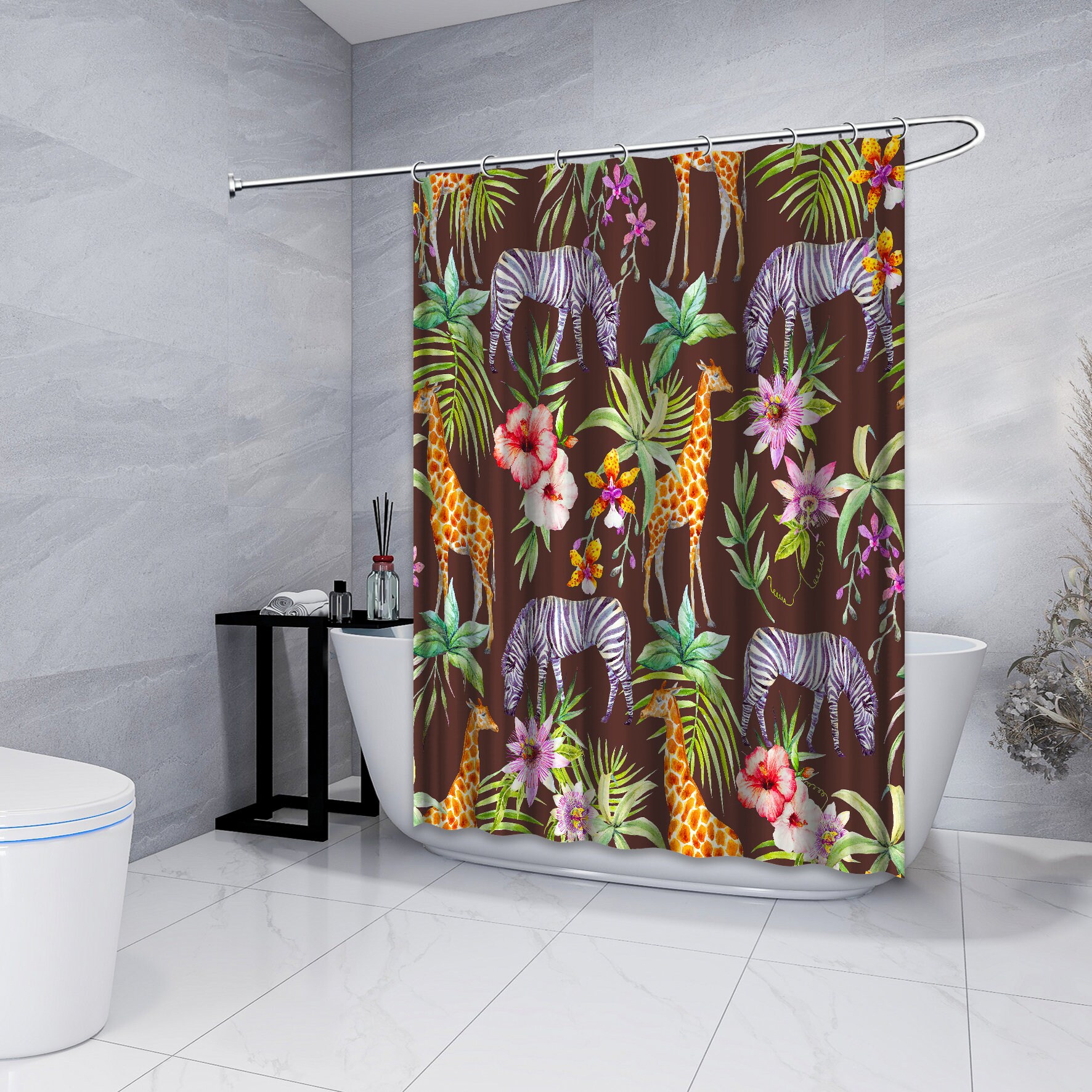 Unique Brown Multidimensional Zebra, Giraffe and Flowers Forest Printed Shower Curtain