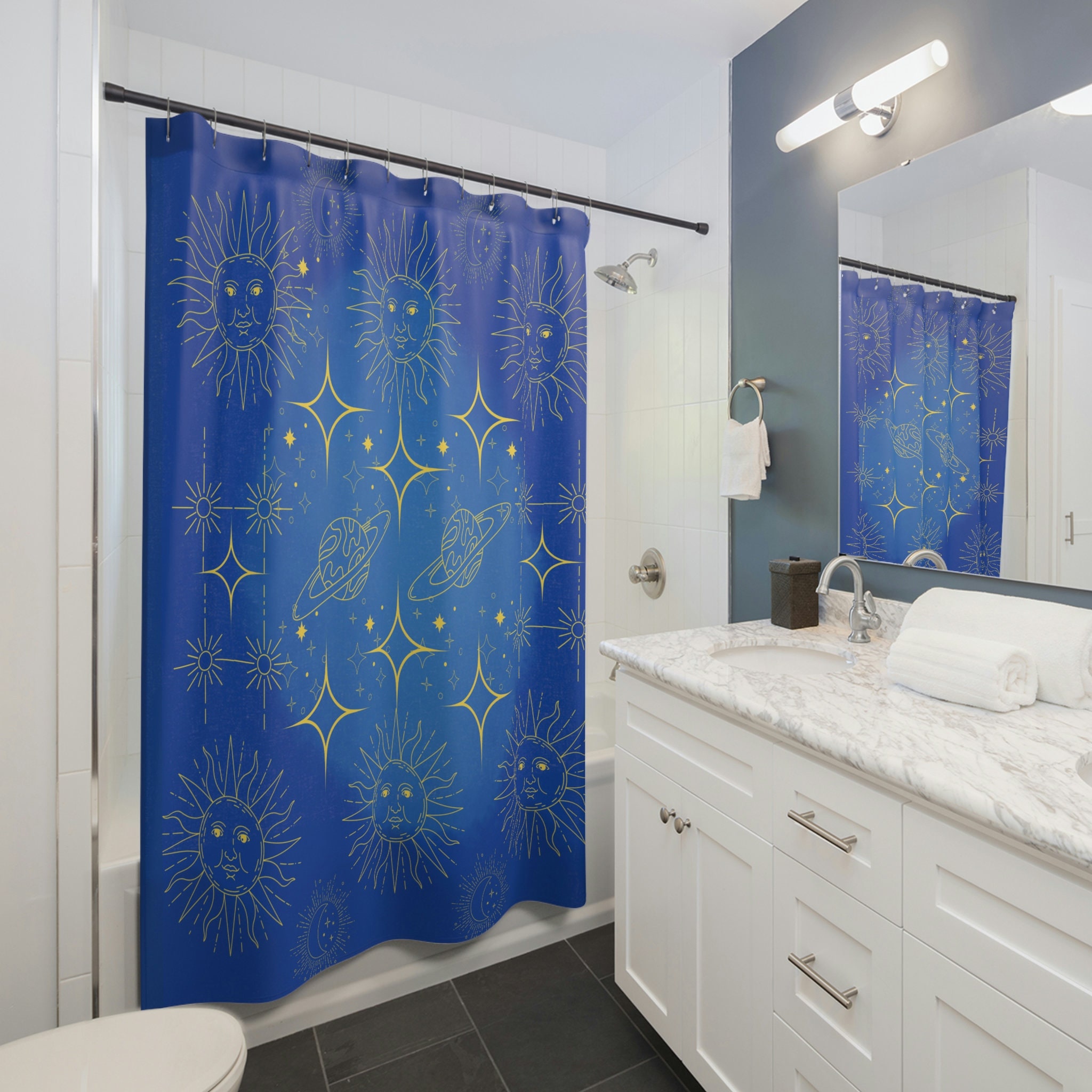 Unique Cute Navy Blue Celestial Shower Curtain - Image 2
