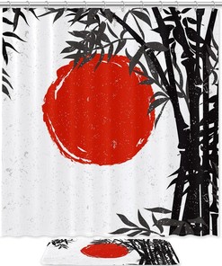 Unique Design Of Bamboo Silhouette With Red Sun, Waterproof Shower Curtain For A Stylish Bathroom