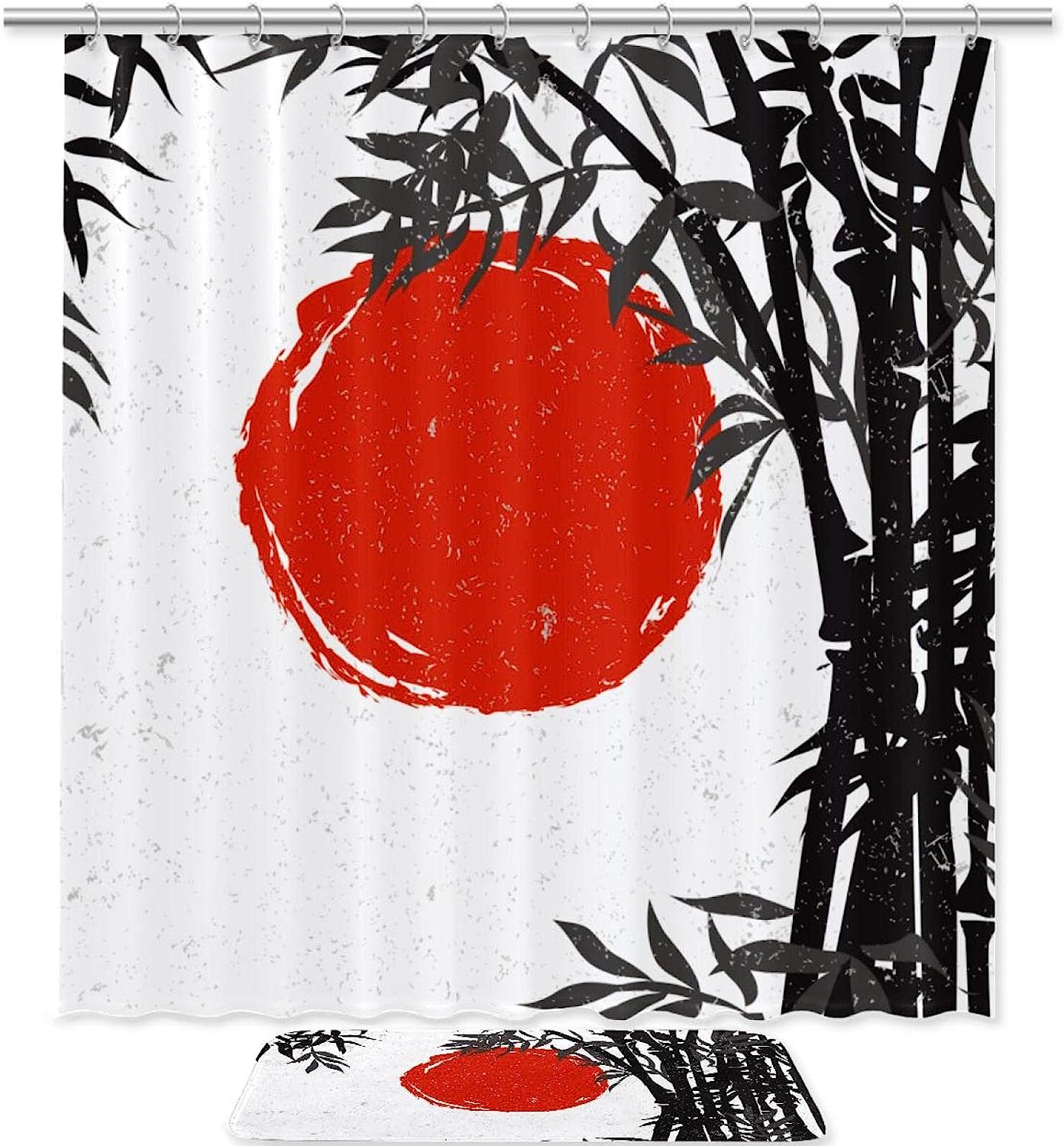 Unique Design Of Bamboo Silhouette With Red Sun, Waterproof Shower Curtain For A Stylish Bathroom