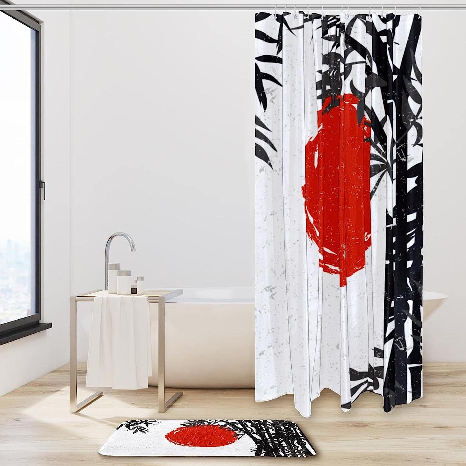 Unique Design Of Bamboo Silhouette With Red Sun, Waterproof Shower Curtain For A Stylish Bathroom - Image 2
