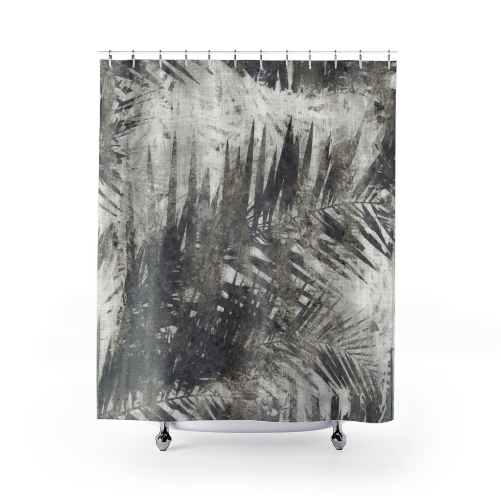 Unique Designer Dark Tropical Palm Trees Taupe Black Gray Beige And White Shower Curtain For Your Bathroom