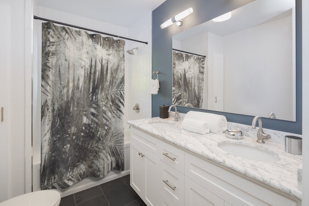 Unique Designer Dark Tropical Palm Trees Taupe Black Gray Beige And White Shower Curtain For Your Bathroom - Image 2