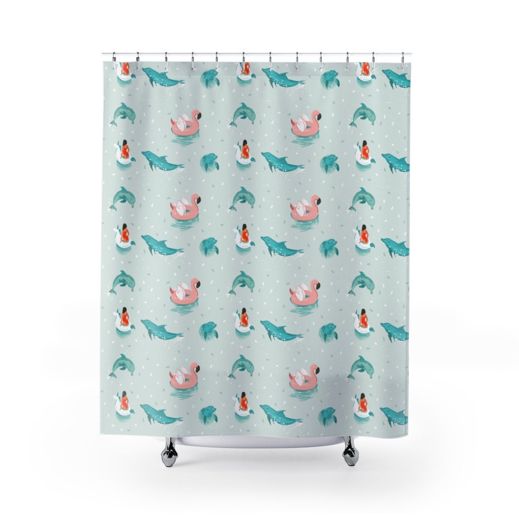 Unique Dolphin And Flamingo Shower Curtain For Beach House Decor