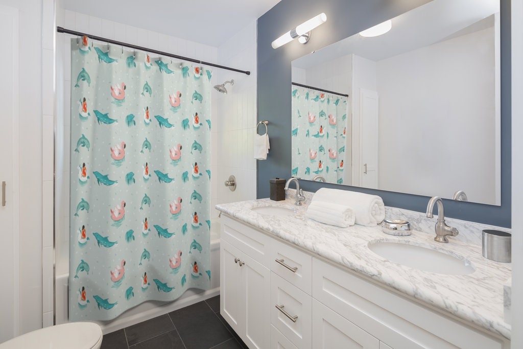 Unique Dolphin And Flamingo Shower Curtain For Beach House Decor