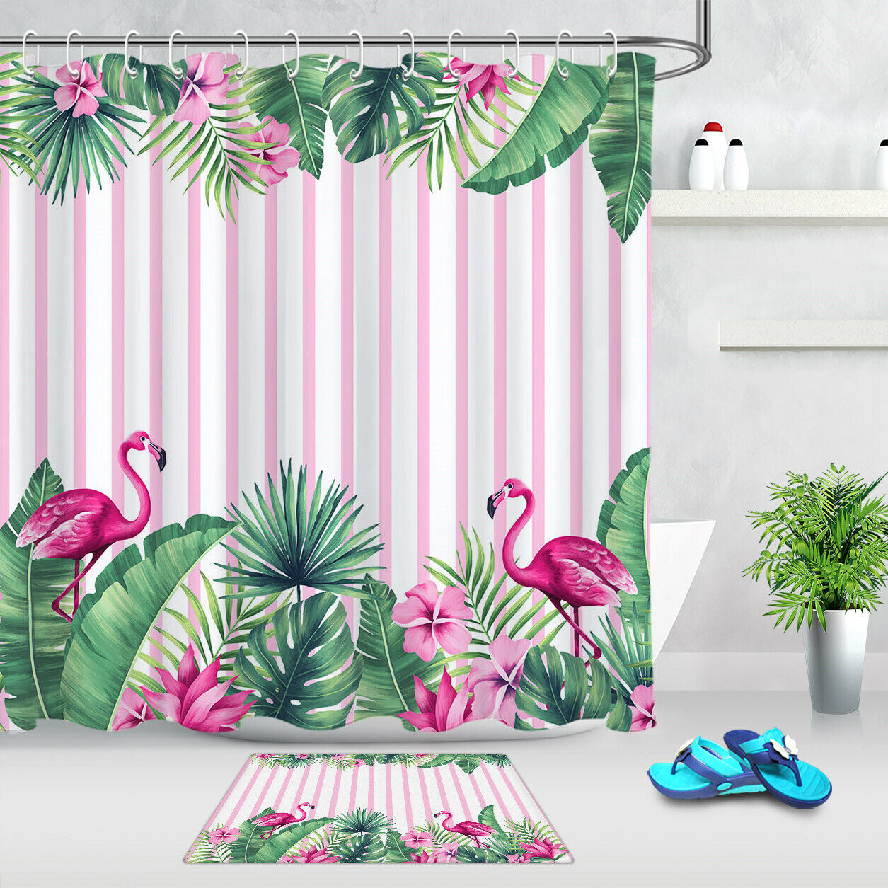 Unique Flamingo and Tropical Flowers Shower Curtain for a Beachy Bathroom