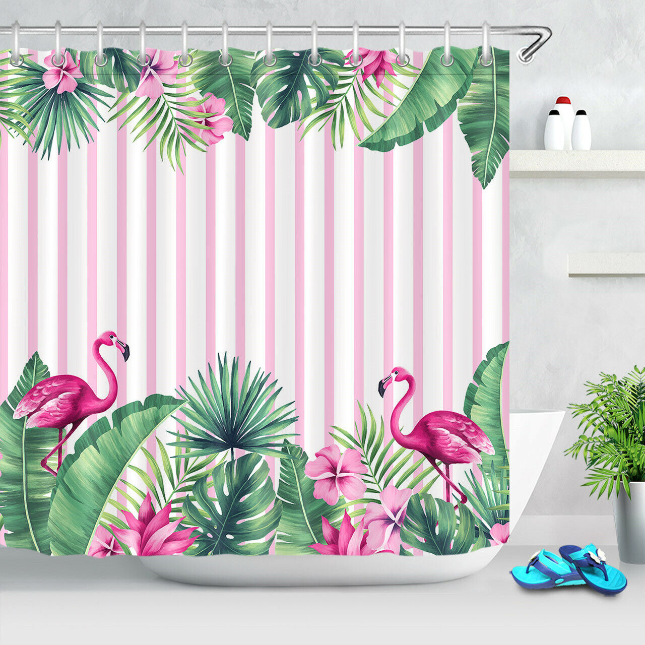 Unique Flamingo and Tropical Flowers Shower Curtain for a Beachy Bathroom