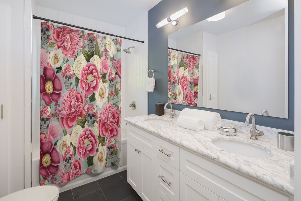 Unique Floral Print Skull Shower Curtain For A Bold Statement In Your Bathroom