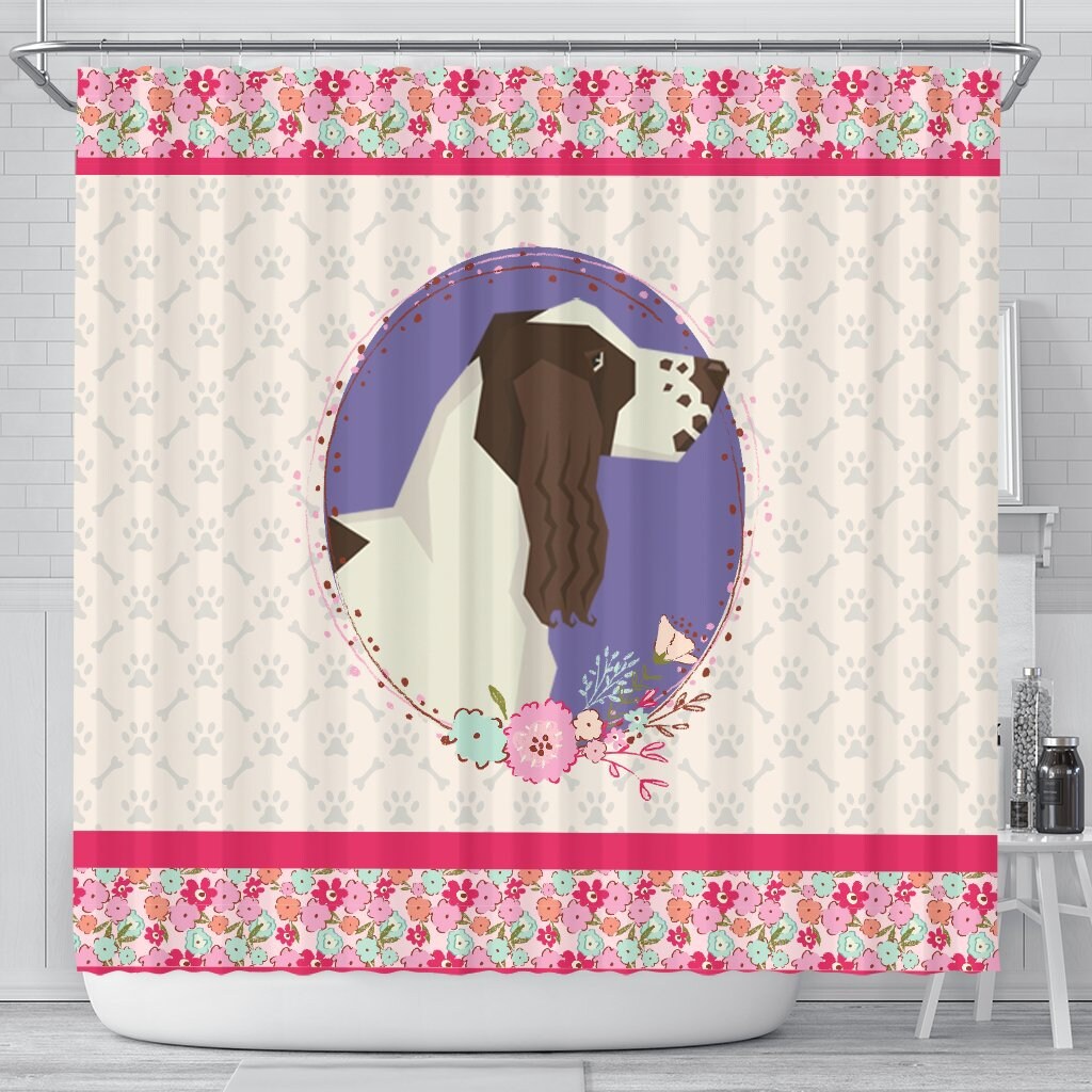 Unique Gift For Dog Lovers - English Springer Spaniel Pink Floral Shower Curtain For Girls' Bathroom Decor - Pt0640