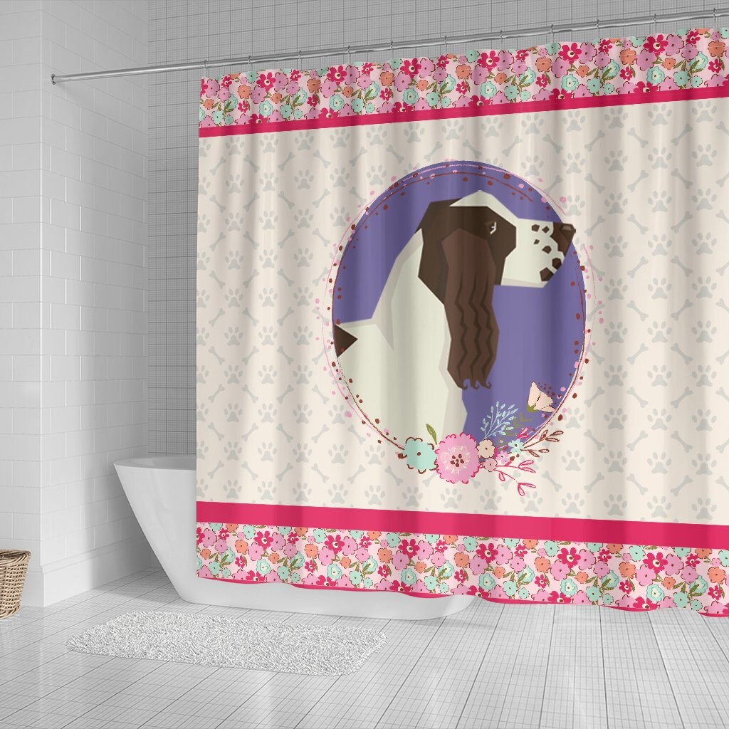 Unique Gift For Dog Lovers - English Springer Spaniel Pink Floral Shower Curtain For Girls' Bathroom Decor - Pt0640