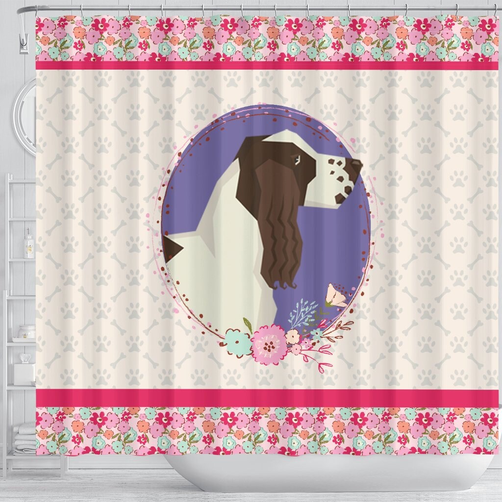 Unique Gift For Dog Lovers - English Springer Spaniel Pink Floral Shower Curtain For Girls' Bathroom Decor - Pt0640