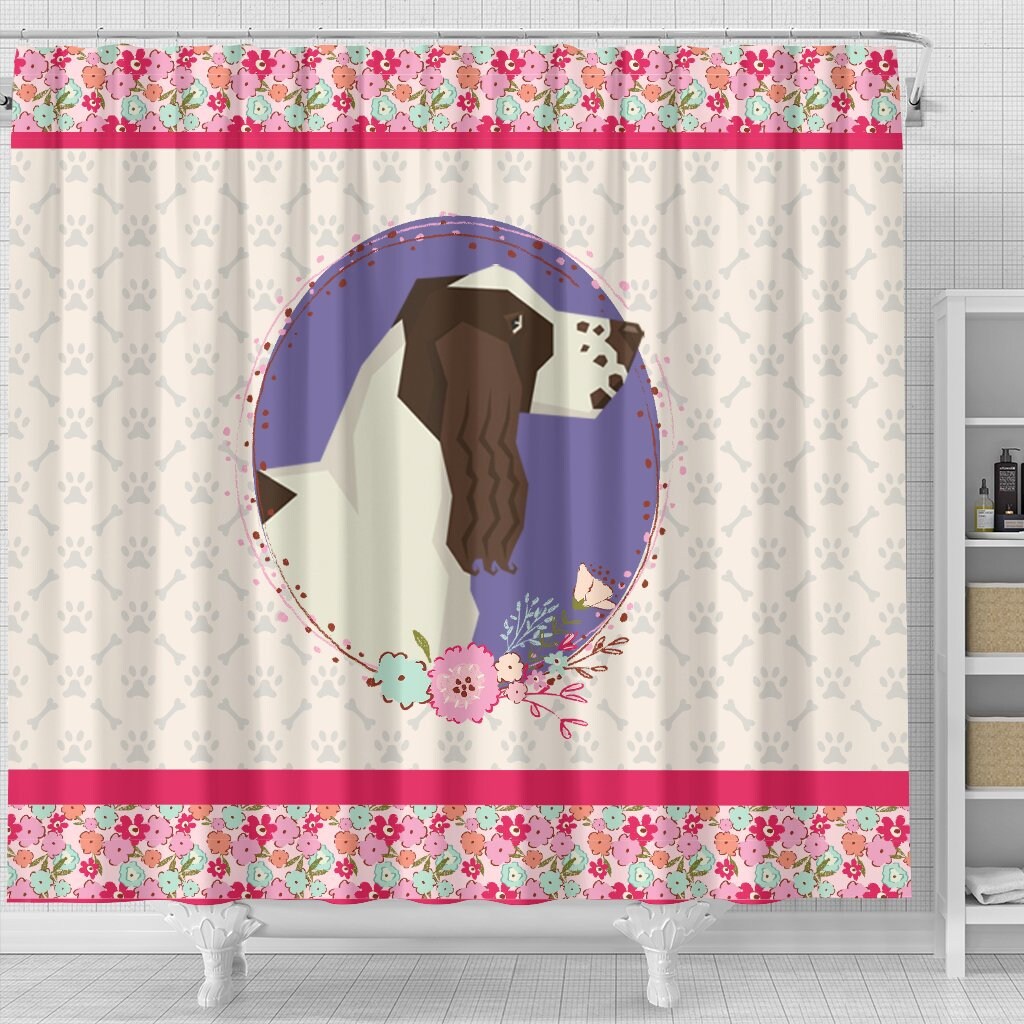 Unique Gift For Dog Lovers - English Springer Spaniel Pink Floral Shower Curtain For Girls' Bathroom Decor - Pt0640
