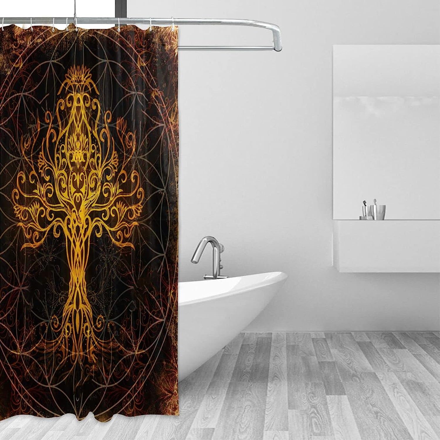 Unique Golden Viking Norse Yggdrasil Tree Life Shower Curtain - Waterproof And Eye-Catching